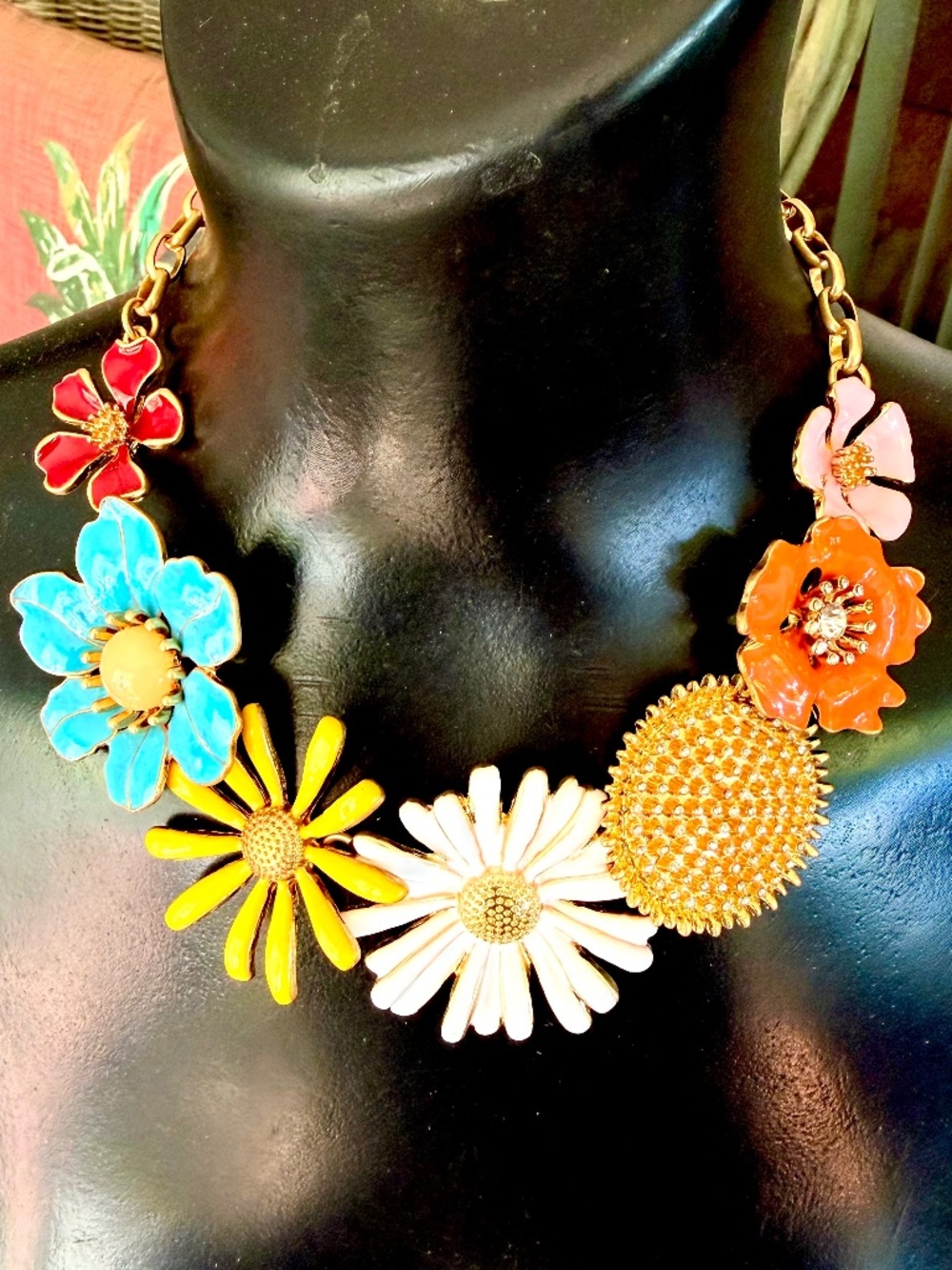 Oscar de la Renta Flower Necklace Multicolor Enamel Floral Bib Necklace